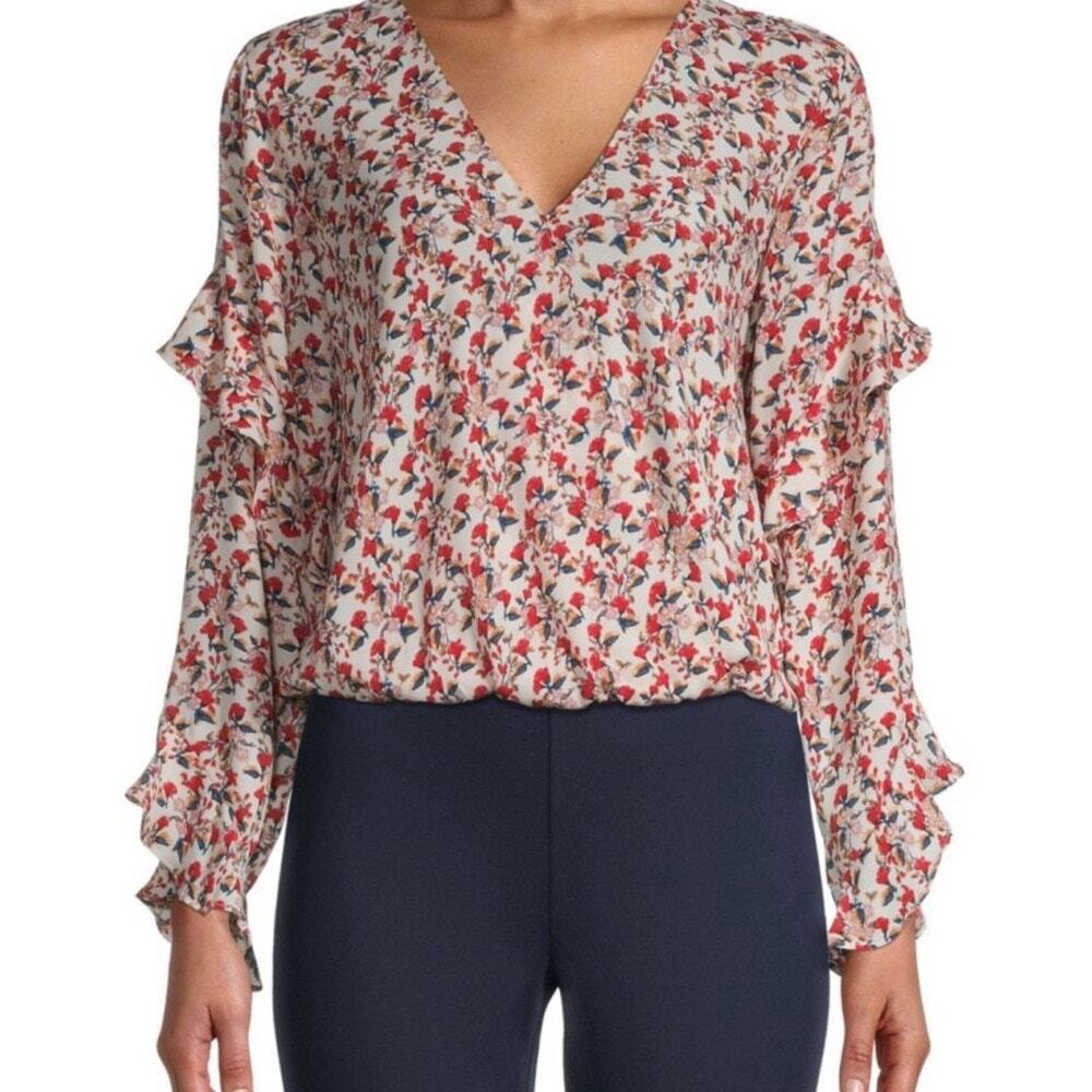 Max Studio Multicolored Floral Ruffle Long Sleeve Blouse Size XS